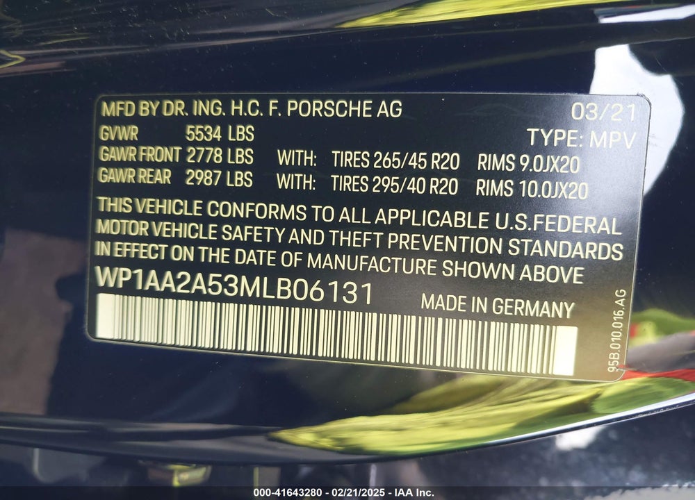 2021 PORSCHE MACAN VIN: WP1AA2A53MLB06131