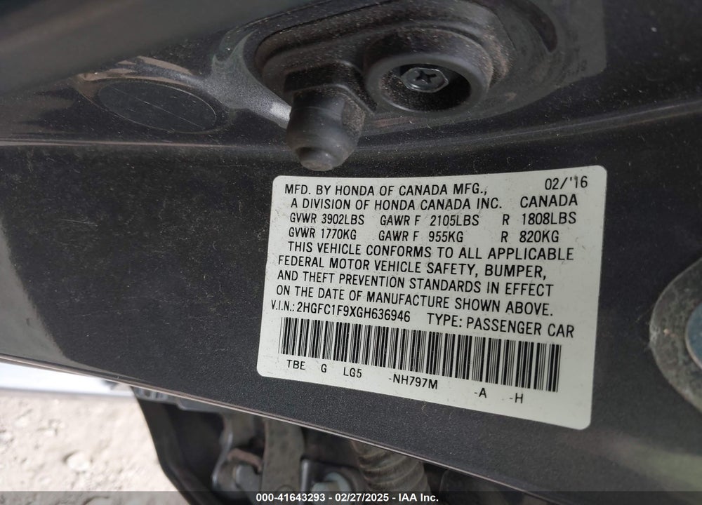 2016 HONDA CIVIC VIN: 2HGFC1F9XGH636946