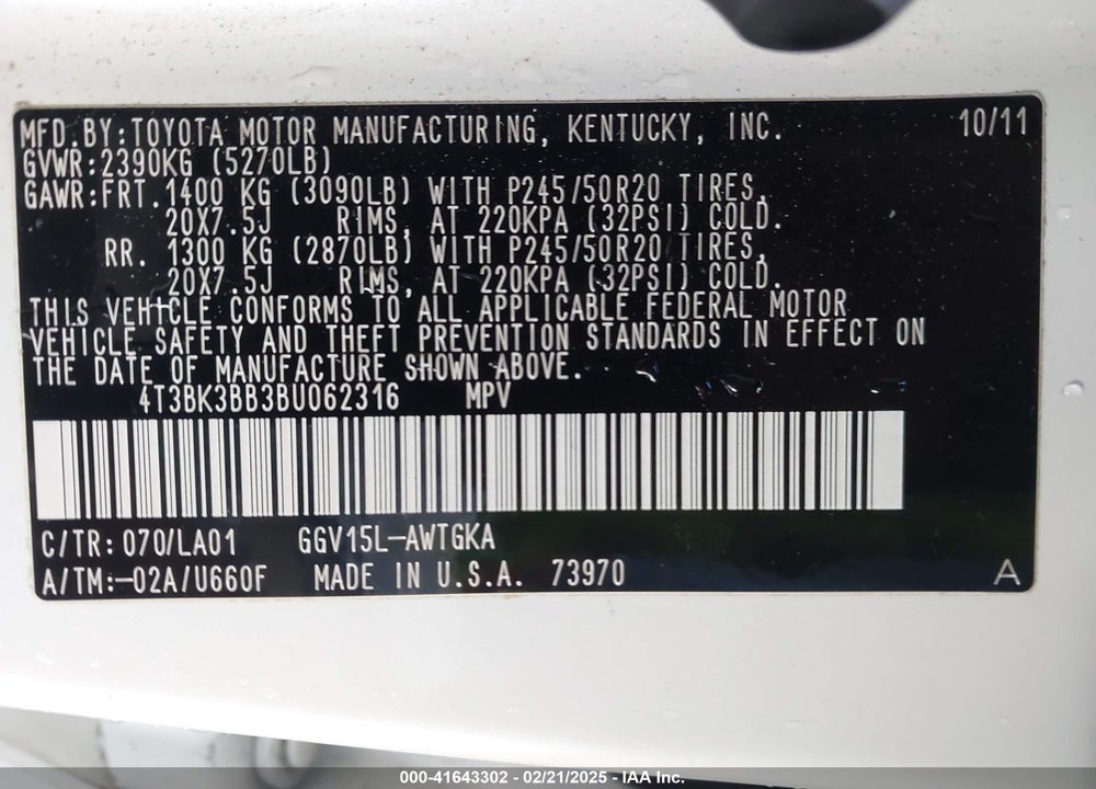 2011 TOYOTA VENZA VIN: 4T3BK3BB3BU062316