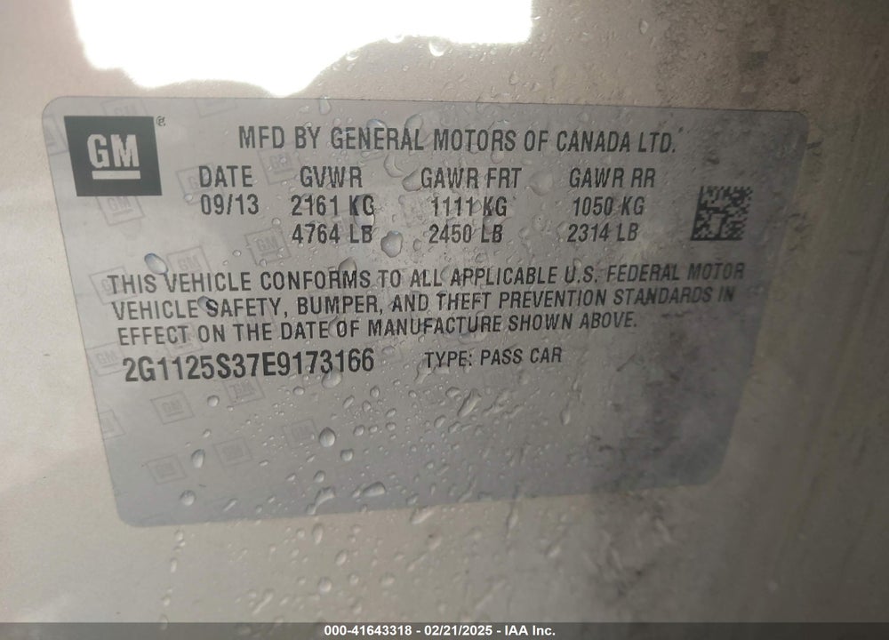 2014 CHEVROLET IMPALA VIN: 2G1125S37E9173166