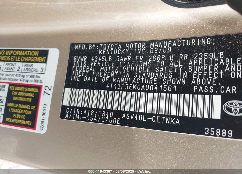 2010 TOYOTA CAMRY VIN: 4T1BF3EK0AU041561