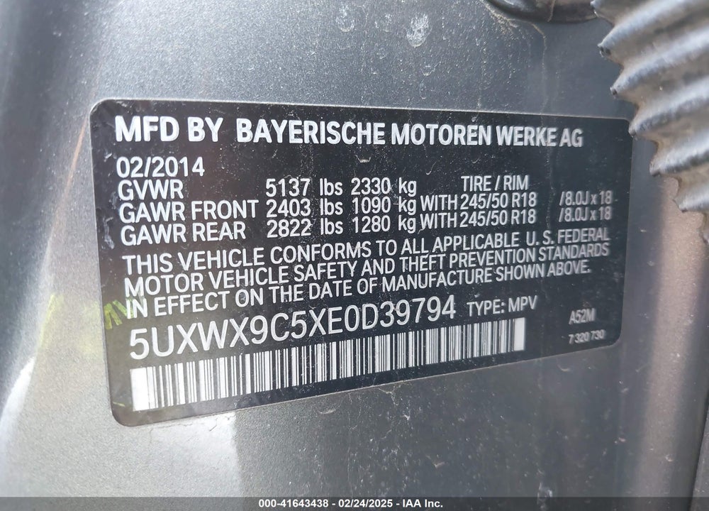 2014 BMW X3 XDRIVE28I VIN: 5UXWX9C5XE0D39794