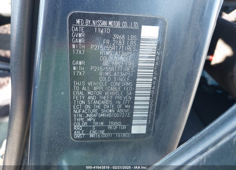2011 NISSAN JUKE S VIN: JN8AF5MR4BT007273