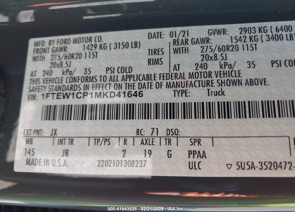 2021 FORD F-150 XL VIN: 1FTEW1CP1MKD41646
