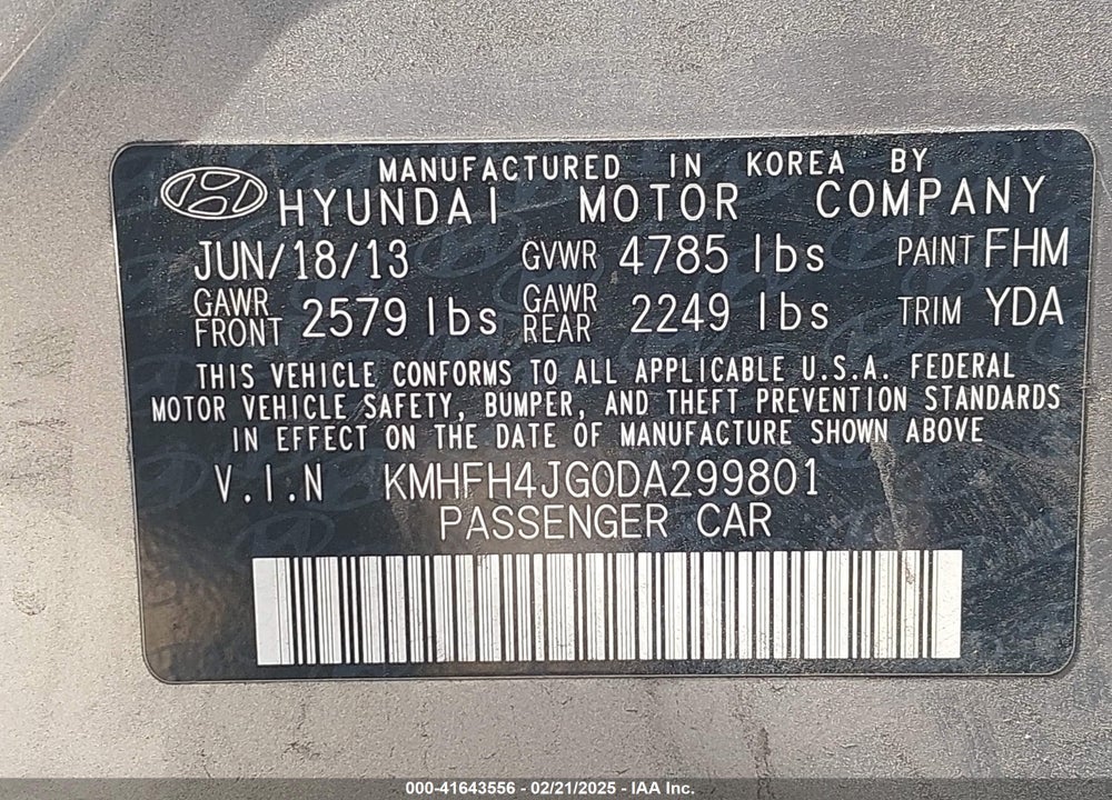 2013 HYUNDAI AZERA VIN: KMHFH4JG0DA299801