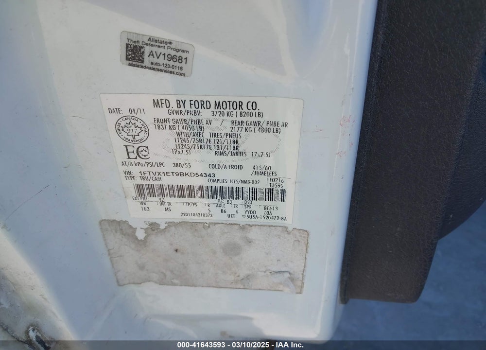 2011 FORD F-150 VIN: 1FTVX1ET9BKD54343
