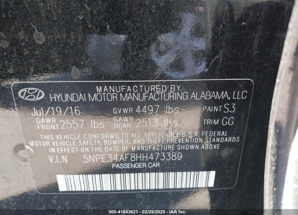 2017 HYUNDAI SONATA VIN: 5NPE34AF8HH473389