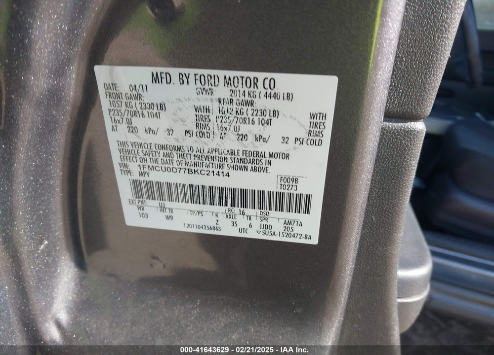 2011 FORD ESCAPE XLT VIN: 1FMCU0D77BKC21414