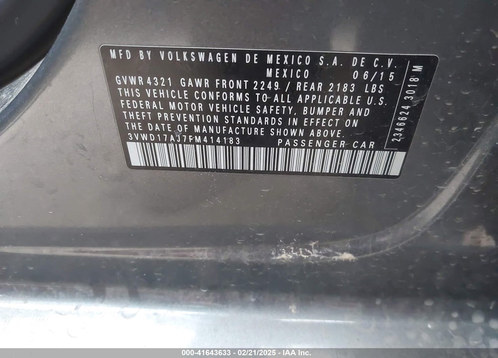 2015 VOLKSWAGEN JETTA VIN: 3VWD17AJ7FM414183