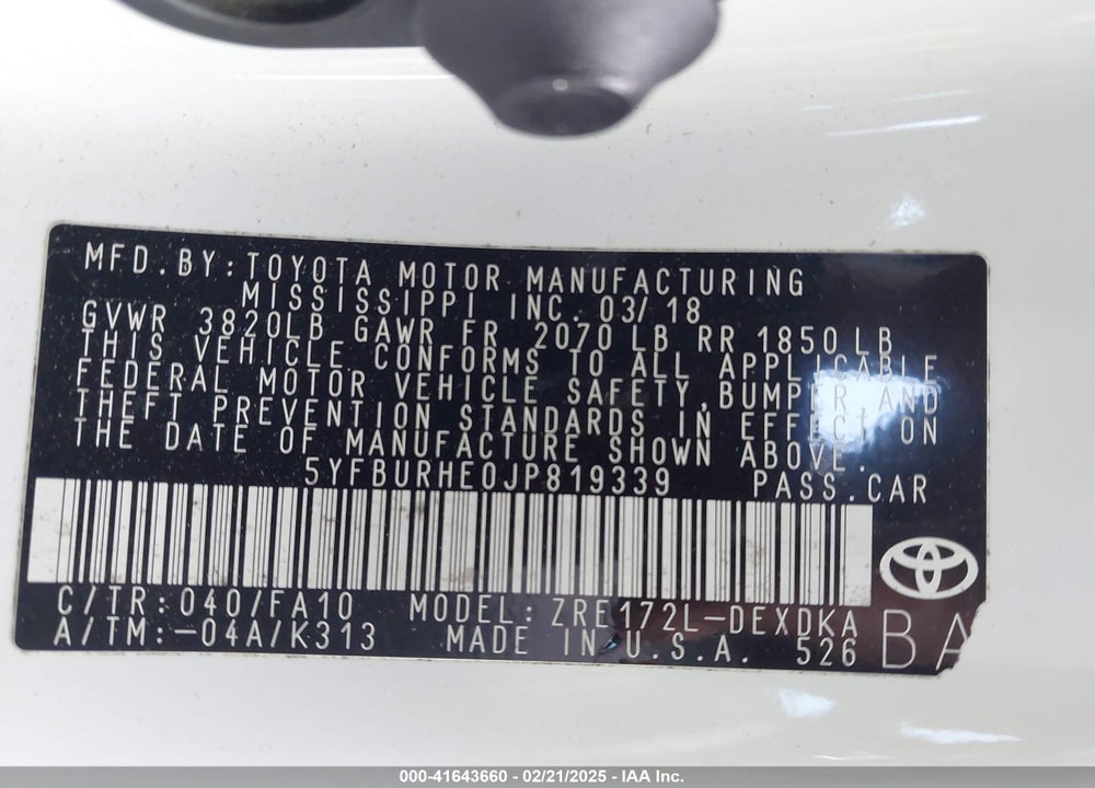 2018 TOYOTA COROLLA VIN: 5YFBURHE0JP819339