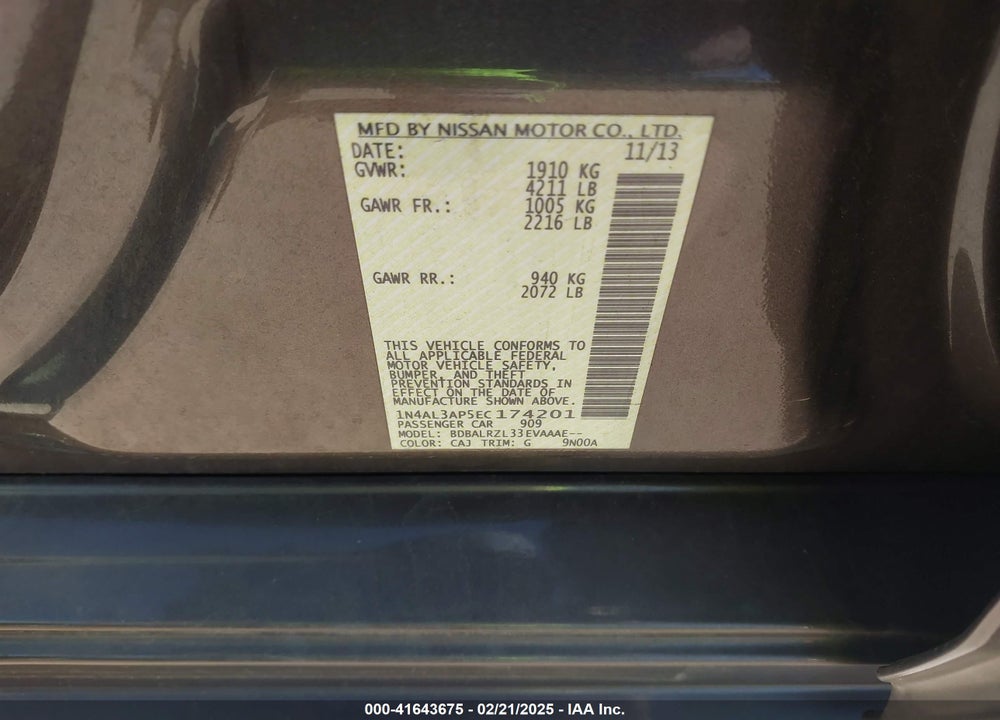 2014 NISSAN ALTIMA 2.5 S VIN: 1N4AL3AP5EC174201