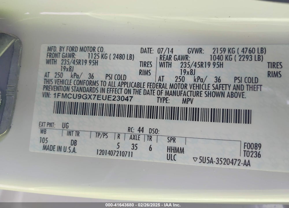 2014 FORD ESCAPE VIN: 1FMCU9GX7EUE23047
