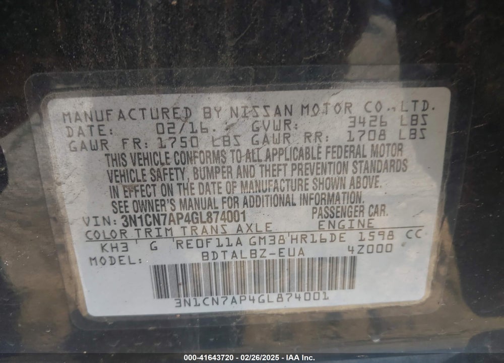 2016 NISSAN VERSA VIN: 3N1CN7AP4GL874001