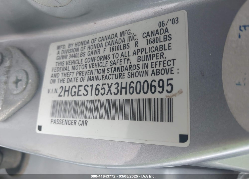 2003 HONDA CIVIC LX VIN: 2HGES165X3H600695