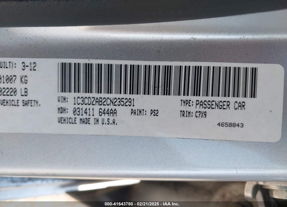2012 DODGE AVENGER VIN: 1C3CDZAB2CN235291