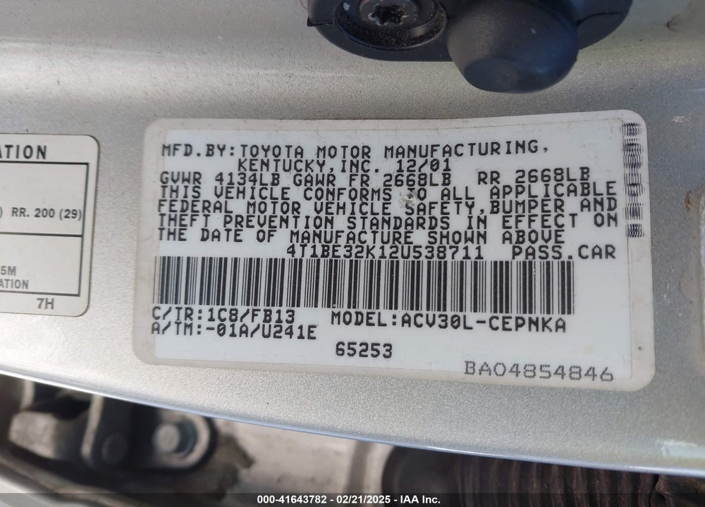 2002 TOYOTA CAMRY LE VIN: 4T1BE32K12U538711