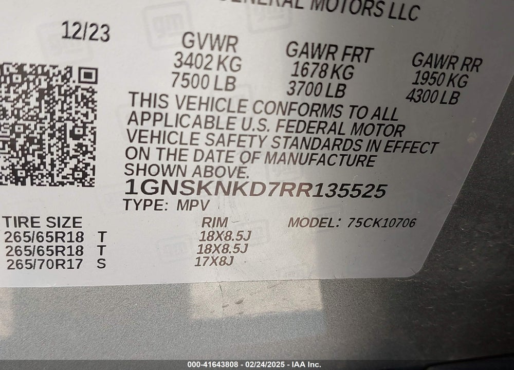 2024 CHEVROLET TAHOE 4WD LT VIN: 1GNSKNKD7RR135525