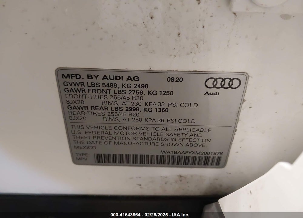 2021 AUDI Q5 VIN: WA1BAAFYXM2001878