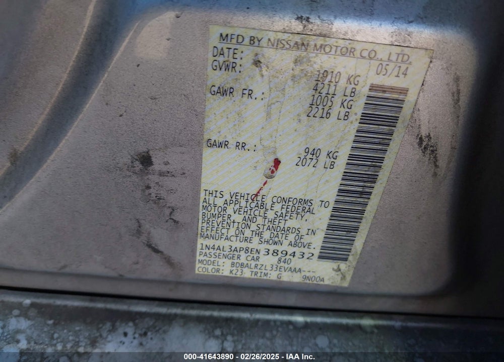 2014 NISSAN ALTIMA 2.5 S VIN: 1N4AL3AP8EN389432