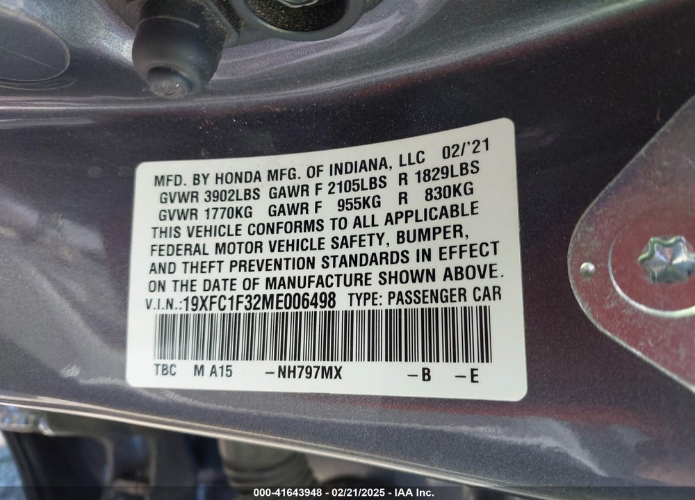 2021 HONDA CIVIC VIN: 19XFC1F32ME006498
