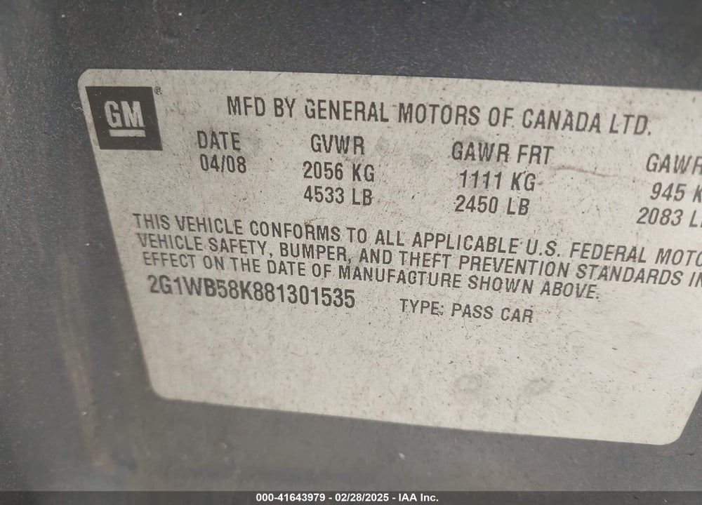 2008 CHEVROLET IMPALA LS VIN: 2G1WB58K881301535