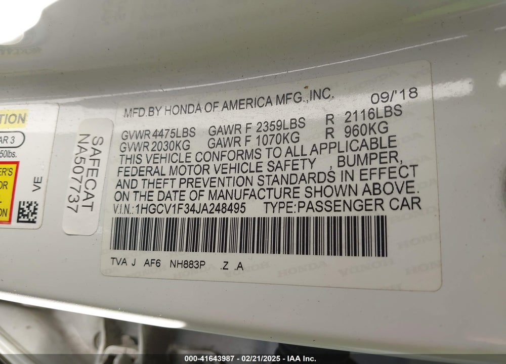 2018 HONDA ACCORD VIN: 1HGCV1F34JA248495