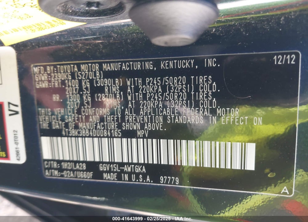 2013 TOYOTA VENZA VIN: 4T3BK3BB4DU084165