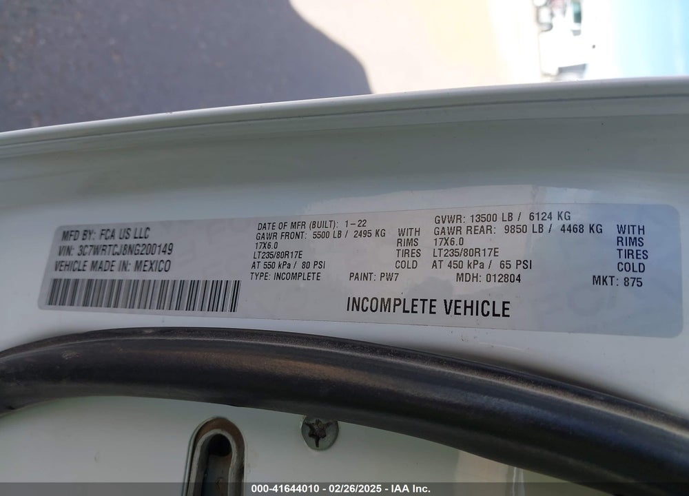 2022 RAM 3500 CHASSIS TRADESMAN/SLT/LAIE/LIMITED VIN: 3C7WRTCJ8NG200149