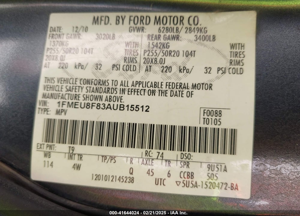 2010 FORD EXPLORER VIN: 1FMEU8F83AUB15512