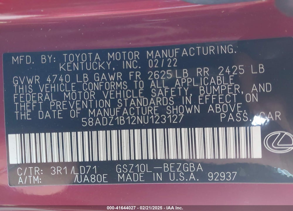 2022 LEXUS ES VIN: 58ADZ1B12NU123127