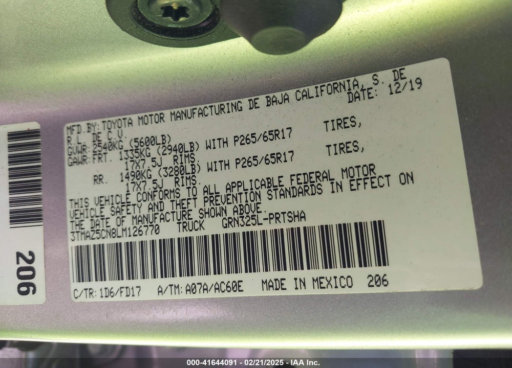 2020 TOYOTA TACOMA VIN: 3TMAZ5CN8LM126770