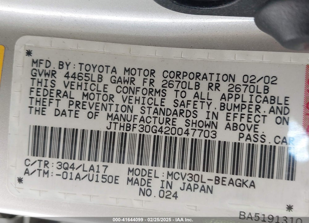 2002 LEXUS ES 300 VIN: JTHBF30G420047703
