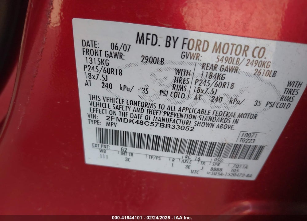 2007 FORD EDGE SEL VIN: 2FMDK48C57BB33052