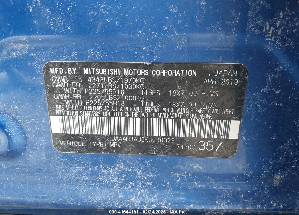 2019 MITSUBISHI OUTLANDER SPORT 2.0 ES VIN: JA4AR3AU3KU030029