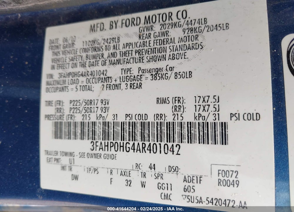 2010 FORD FUSION SE VIN: 3FAHP0HG4AR401042