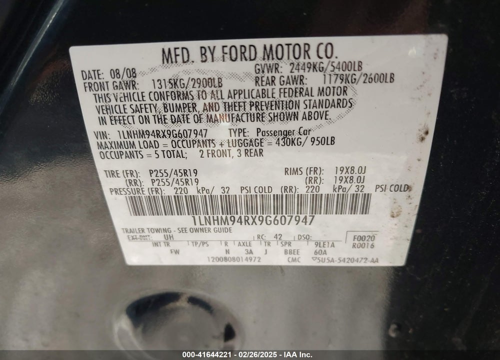 2009 LINCOLN MKS VIN: 1LNHM94RX9G607947