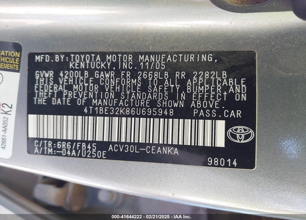 2006 TOYOTA CAMRY LE VIN: 4T1BE32K86U695948