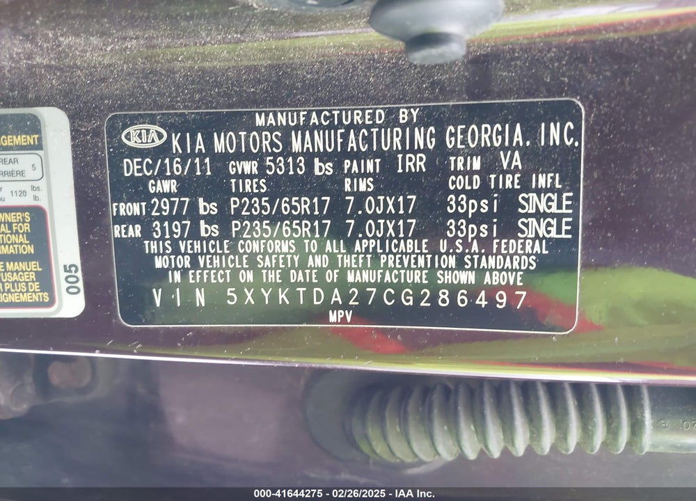 2012 KIA SORENTO LX V6 VIN: 5XYKTDA27CG286497
