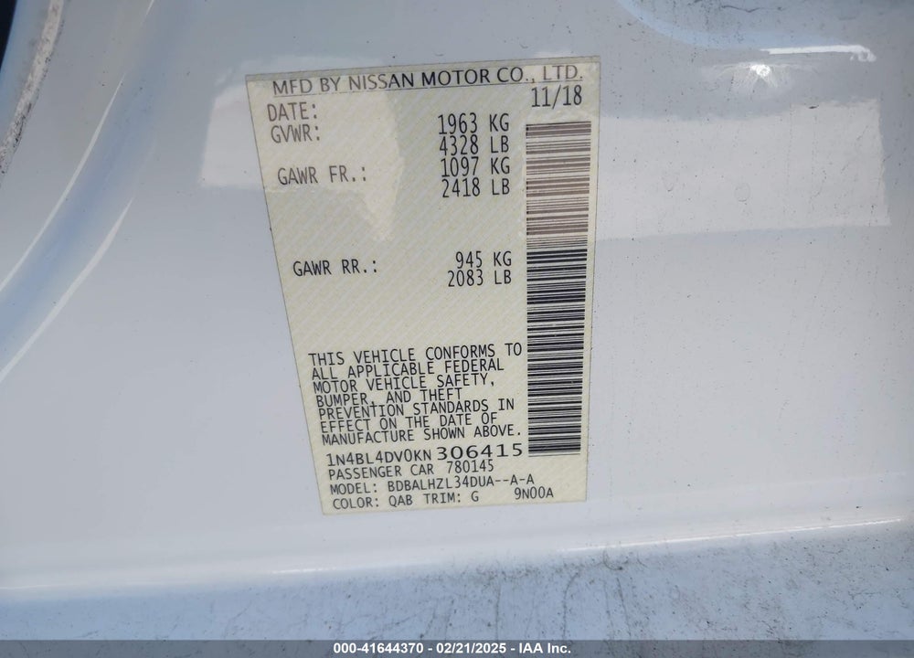2019 NISSAN ALTIMA VIN: 1N4BL4DV0KN306415