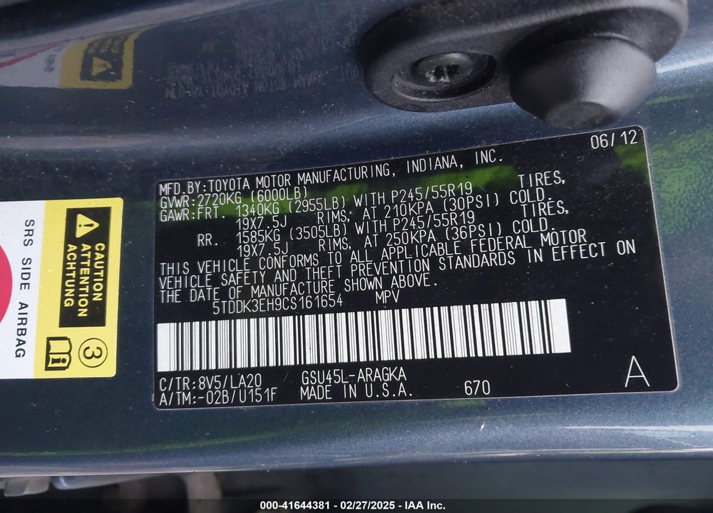 2012 TOYOTA HIGHLANDER LIMITED V6 VIN: 5TDDK3EH9CS161654