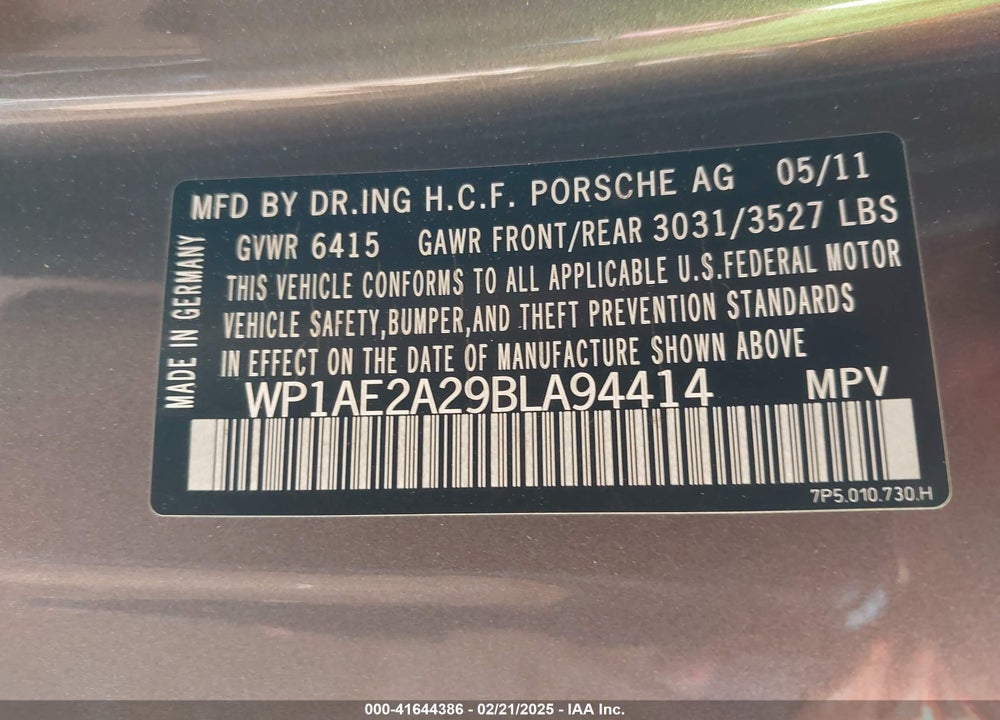 2011 PORSCHE CAYENNE HYBRID S VIN: WP1AE2A29BLA94414
