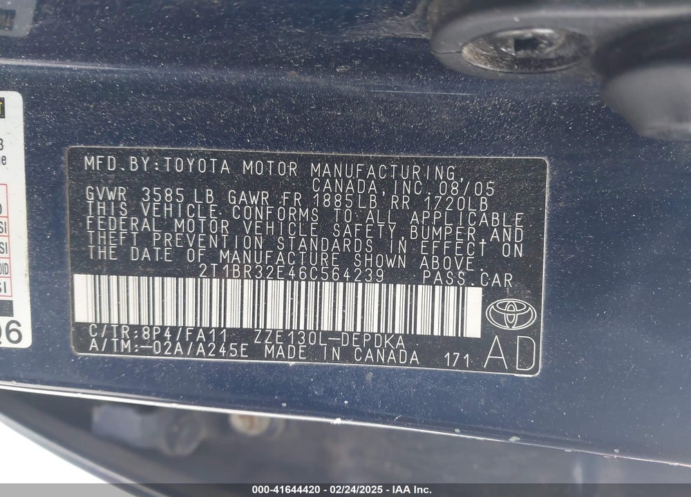 2006 TOYOTA COROLLA CE VIN: 2T1BR32E46C564239