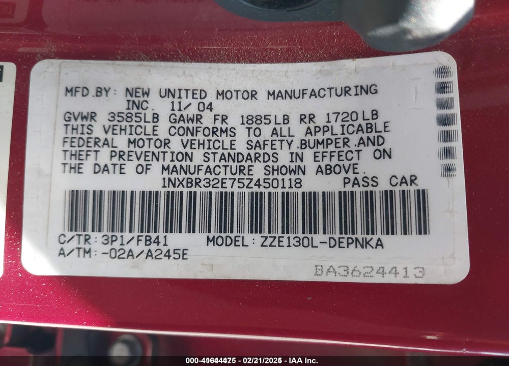 2005 TOYOTA COROLLA LE VIN: 1NXBR32E75Z450118