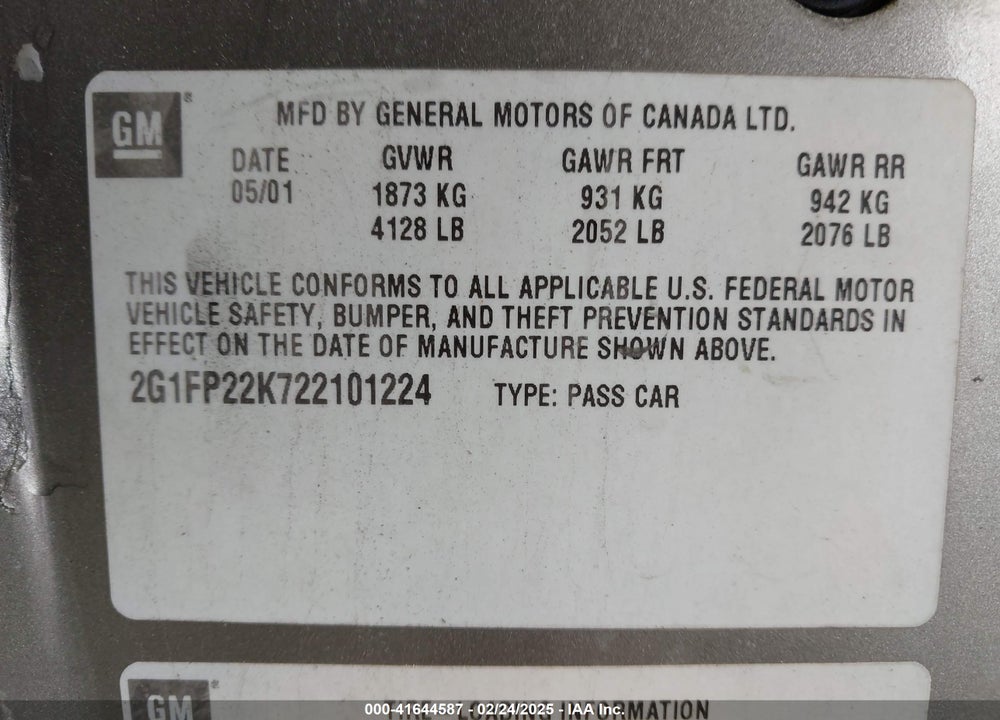 2002 CHEVROLET CAMARO VIN: 2G1FP22K722101224