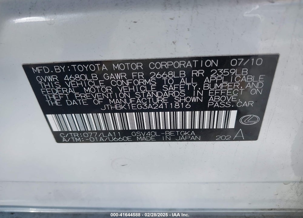 2010 LEXUS ES 350 VIN: JTHBK1EG3A2411816