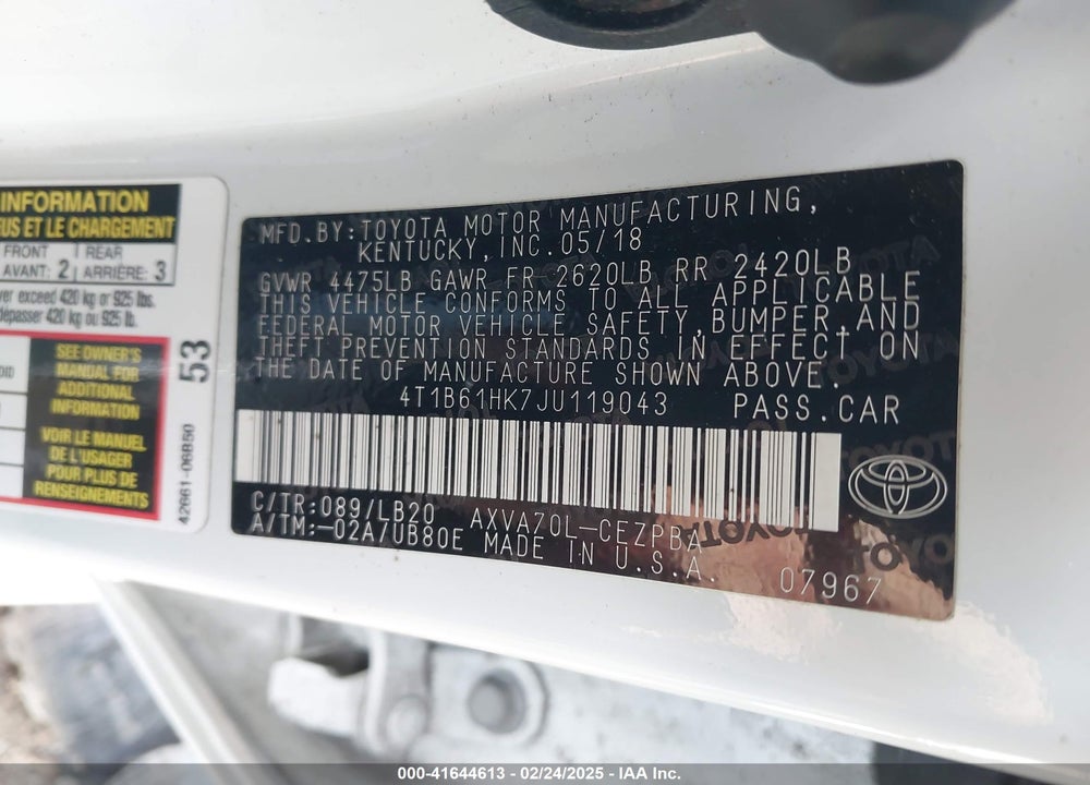 2018 TOYOTA CAMRY XSE VIN: 4T1B61HK7JU119043
