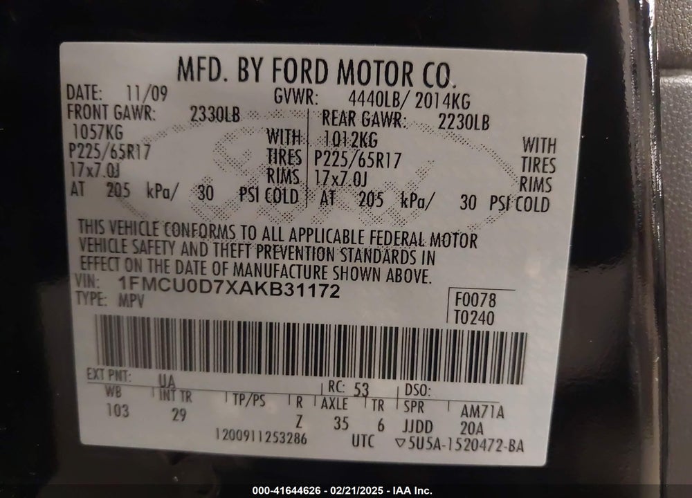 2010 FORD ESCAPE VIN: 1FMCU0D7XAKB31172