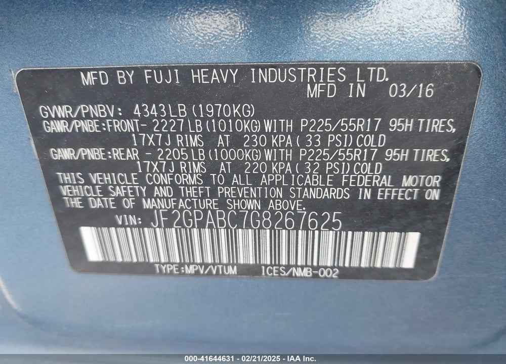 2016 SUBARU CROSSTREK 2.0I PREMIUM VIN: JF2GPABC7G8267625