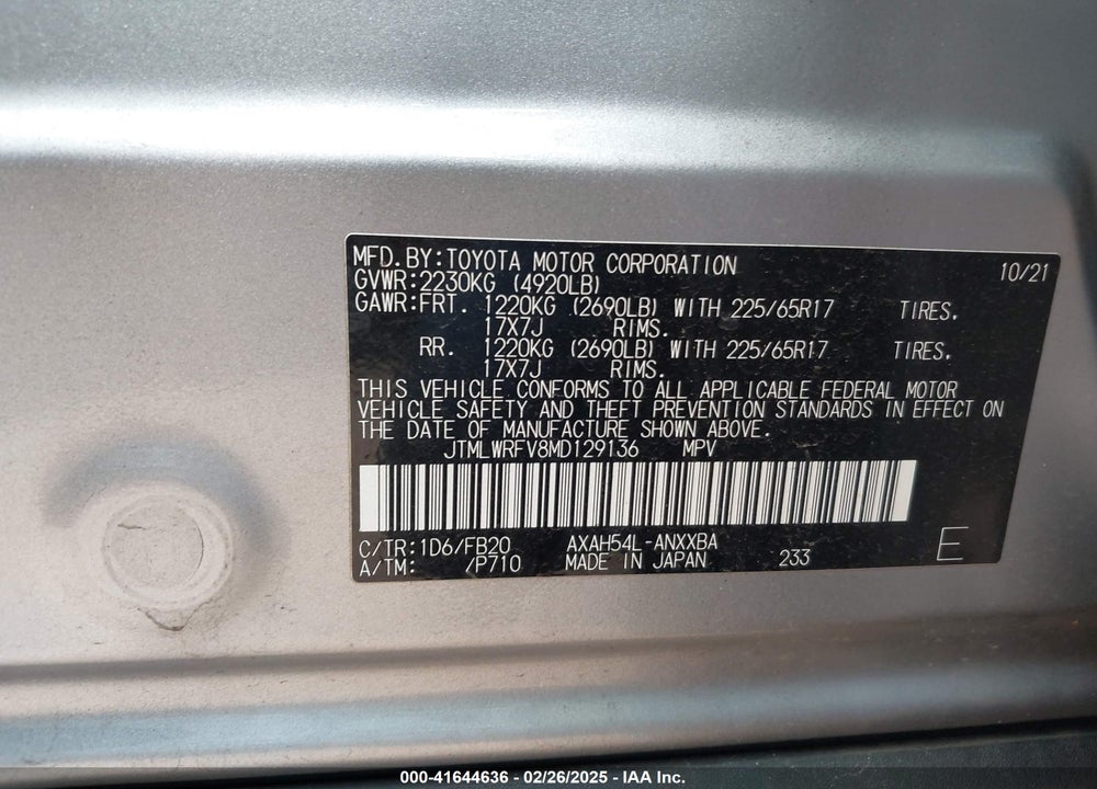 2021 TOYOTA RAV4 VIN: JTMLWRFV8MD129136