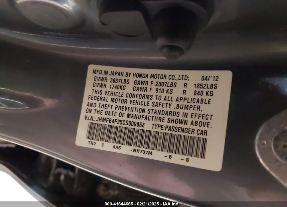 2012 HONDA CIVIC HYBRID VIN: JHMFB4F25CS009868